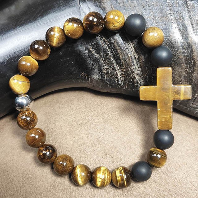 Bracelet Homme Pierre Naturelle Croix Oeil De Tigre