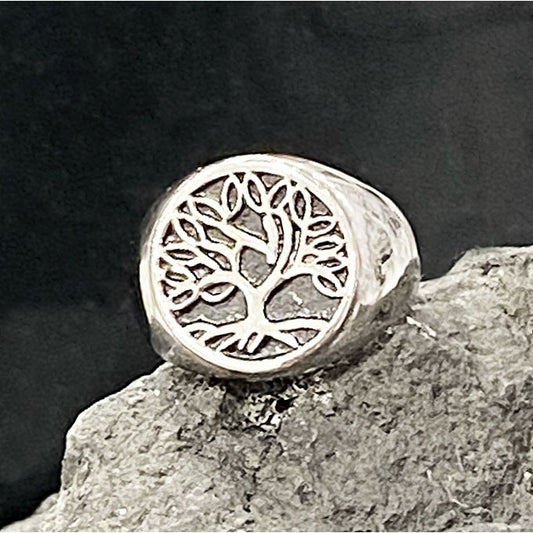Bague Chevalière Acier Inoxydable Blanc Arbre De Vie