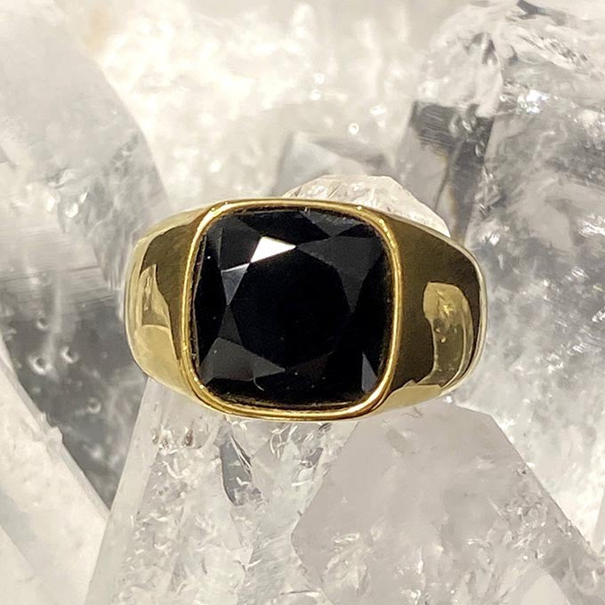 Bague Acier Inoxydable Chevalière Dorée Verre Noir