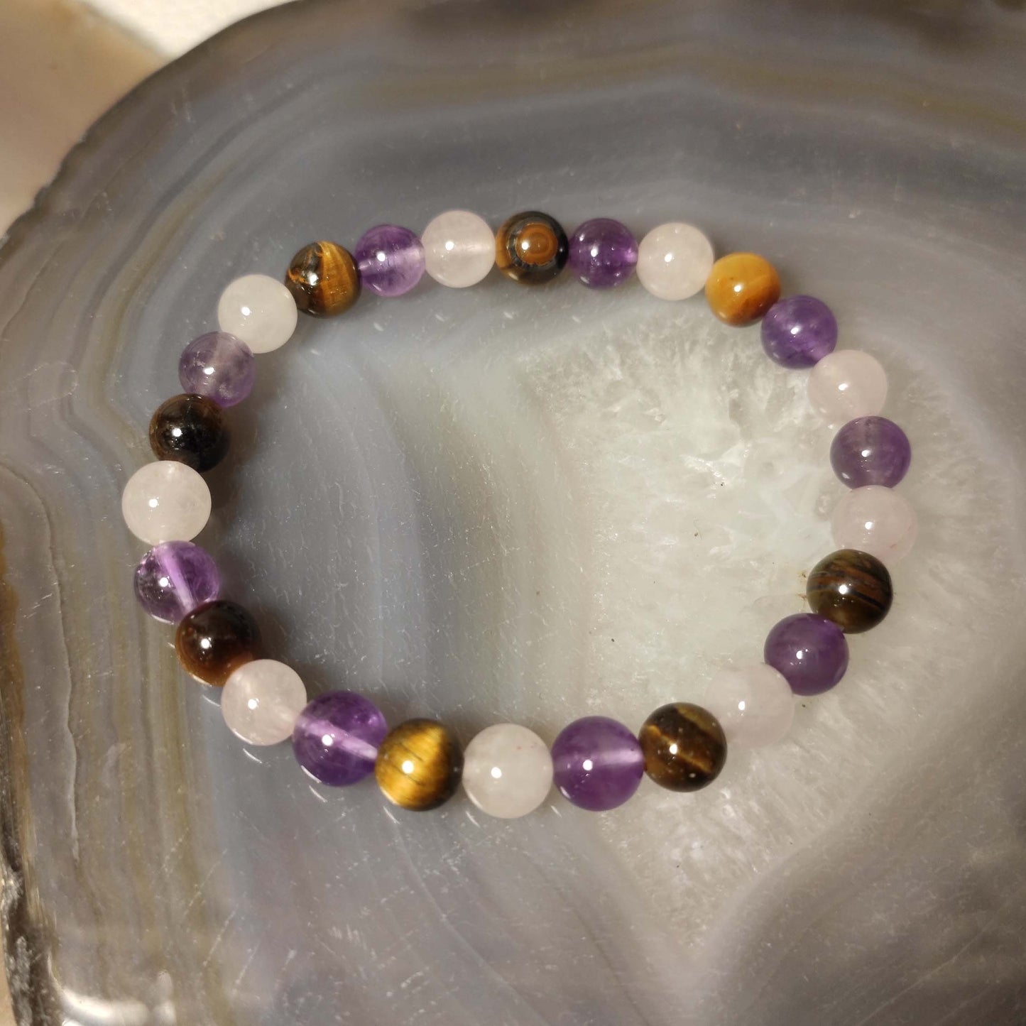 Bracelet Enfant Pierre Naturelle Oeil De Tigre, Améthyste Et Quartz Rose