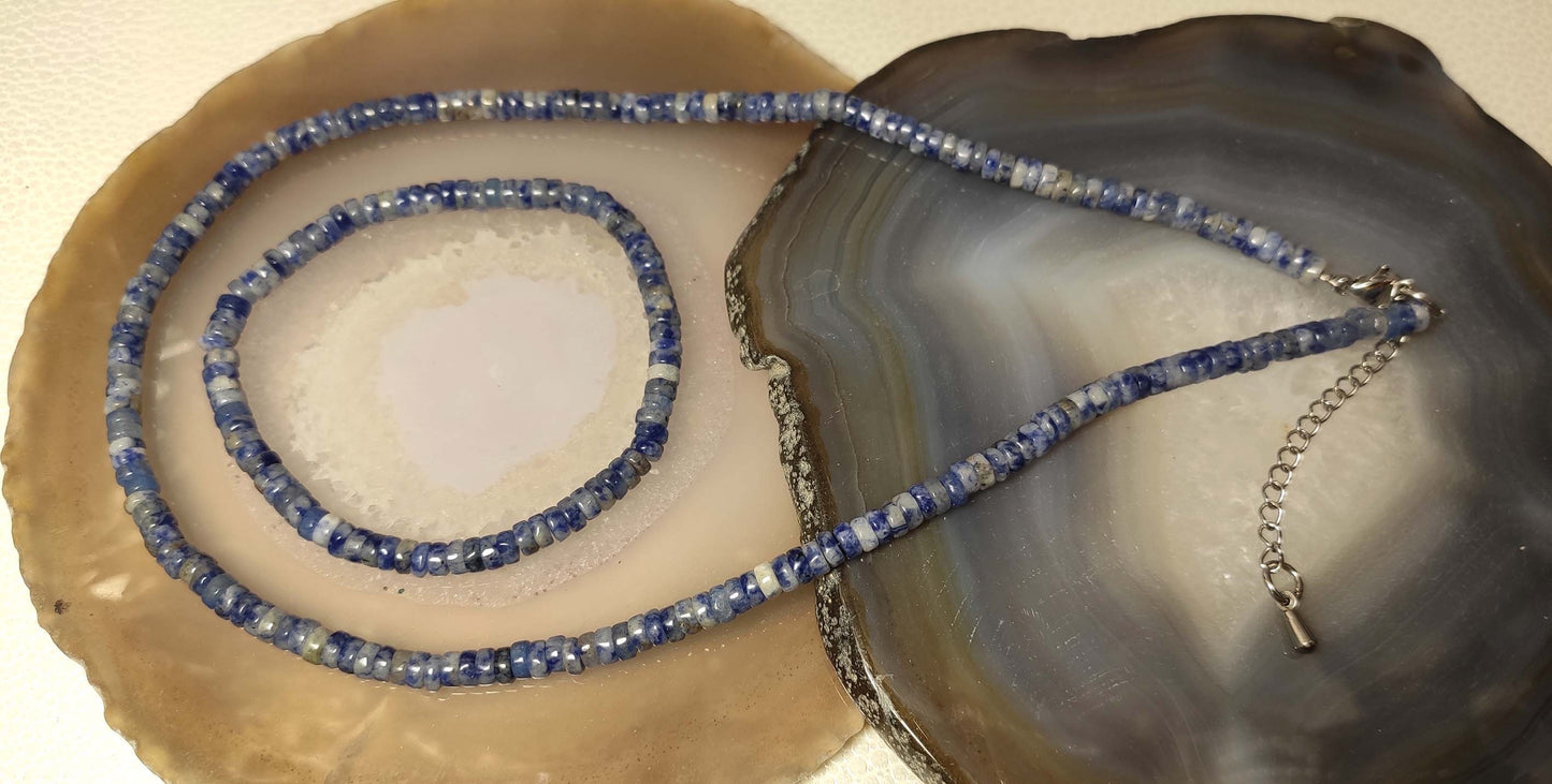 Bracelet Et Collier Agate Point Bleu En Disque À 5Mm