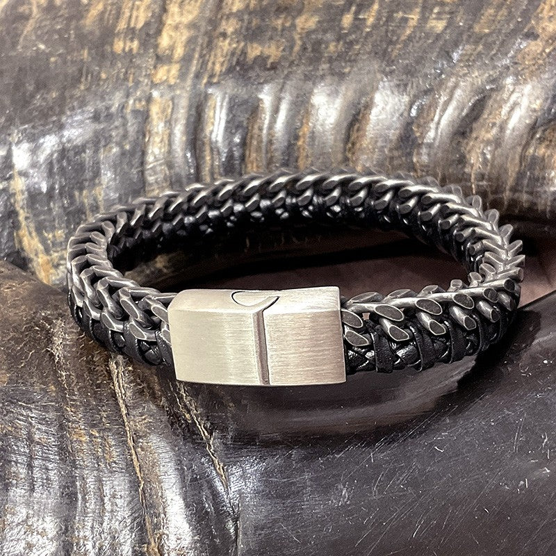 Bracelet Homme Acier En Cuir Véritable Trassé