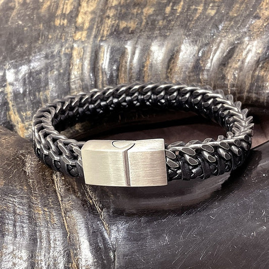 Bracelet Homme Acier En Cuir Véritable Trassé