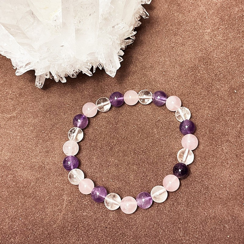 Bracelet Pierre Naturelle Amethyste, Quartz Rose Et Cristal De Roche