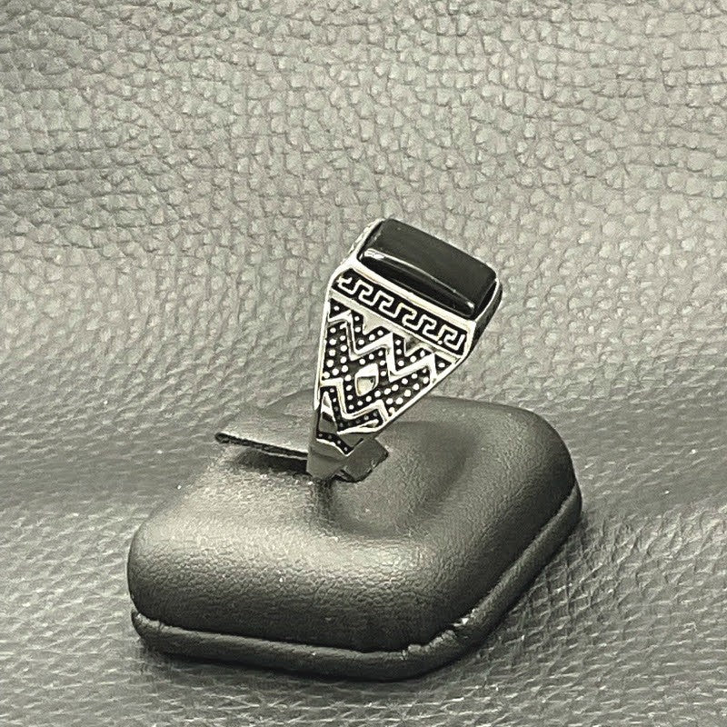 Bague Chevalière Acier Avec Pierre Onyx Noir Rectangulaire