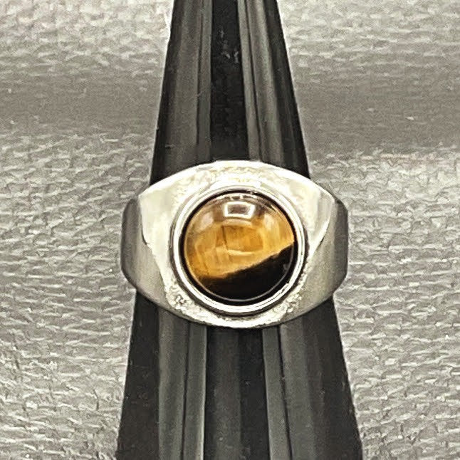 Bague Chevalière En Acier Avec L'Oeil De Tigre Ronde