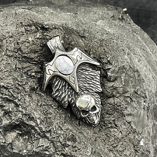 Pendentif Acier Inoxydable Crane Cabochon Howlite Blanche