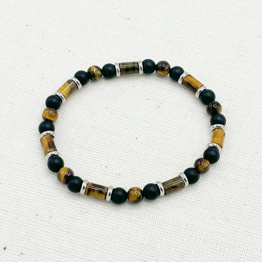 Bracelet Homme En Pierre Naturelle D'Œil De Tigre Et Agate Noire