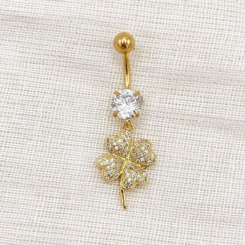 Piercing Nombril Trèfle En Acier Inoxydable Doré