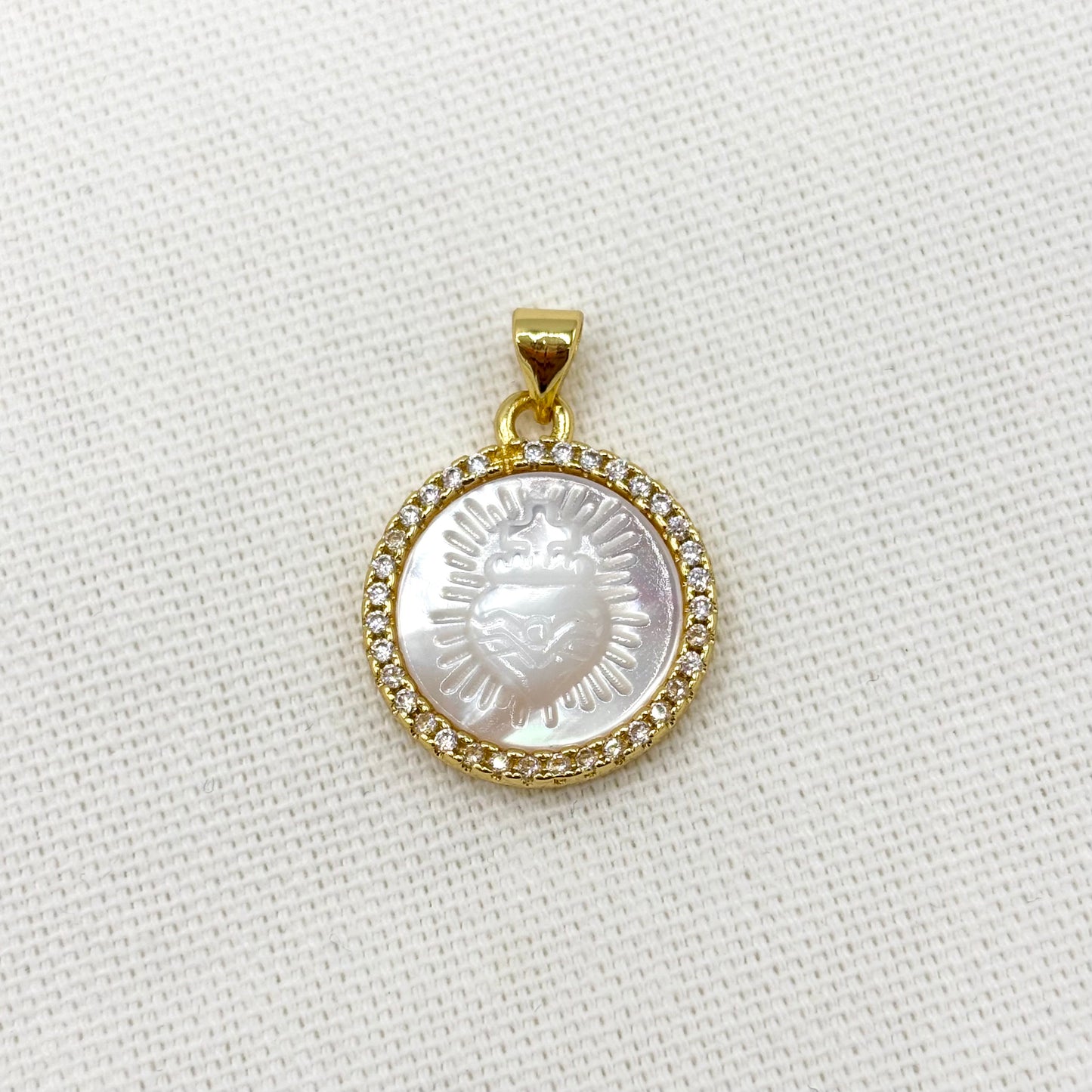 Pendentif Coeur Nacre Laiton Strass Rond