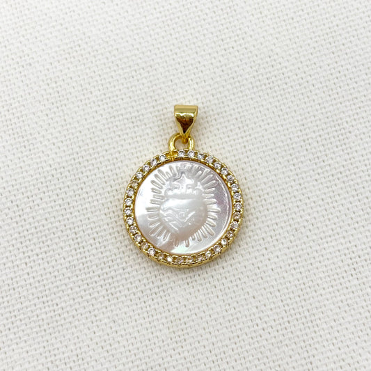 Pendentif Coeur Nacre Laiton Strass Rond