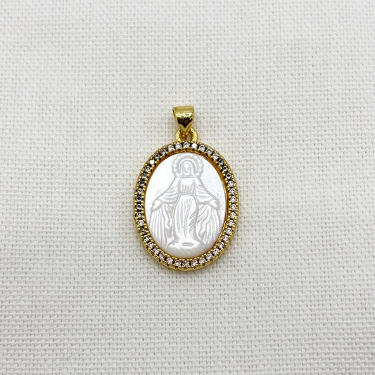 Pendentif Ovale Nacre Laiton Strass Vierge Marie