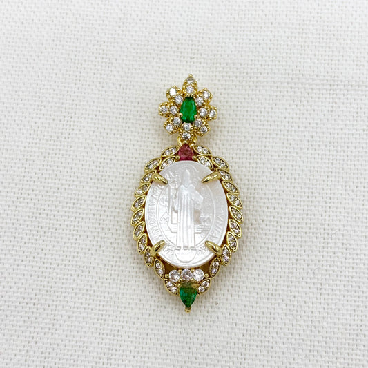 Pendentif Pape Nacre Laiton Doré Strass