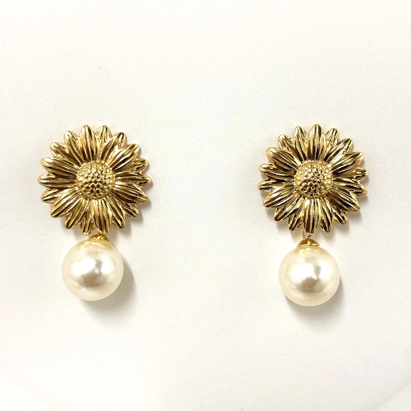 Boucles D'Oreilles Acier Inoxydable Doré Fleur Perle