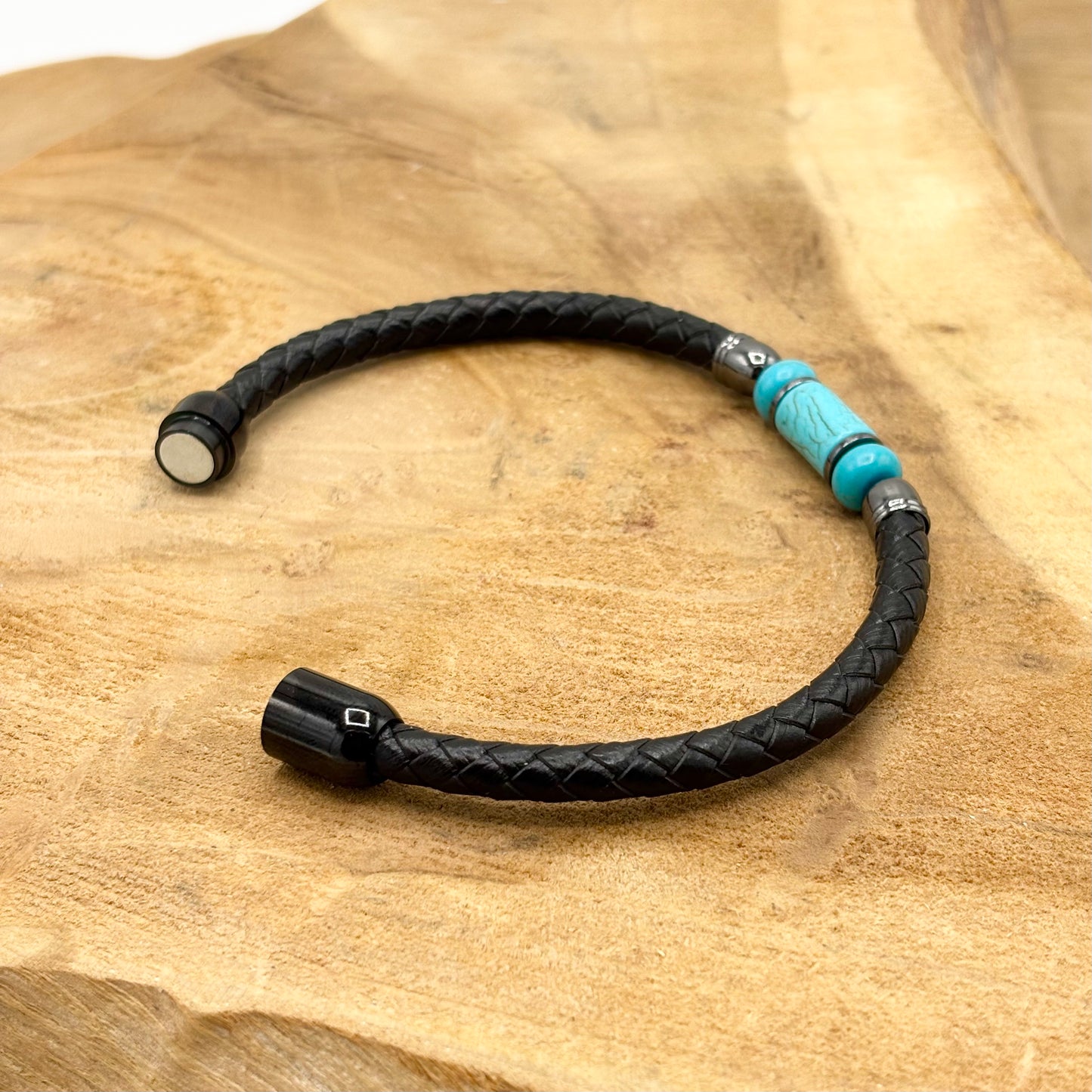 Bracelet Homme Acier Inoxydable Cuir Pierre Naturelle Howlite Bleu