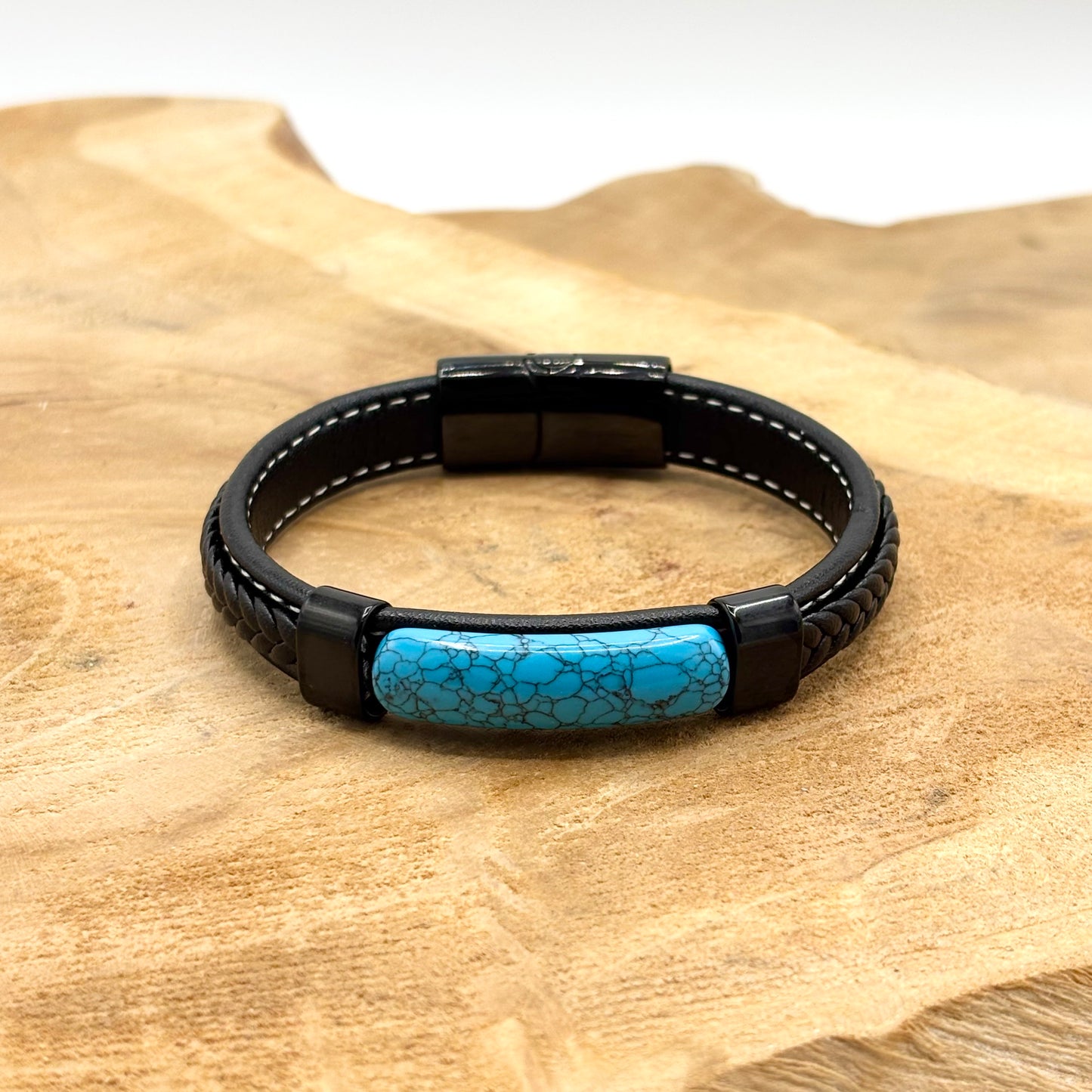Bracelet Homme Acier Inoxydable Cuir Pierre Naturelle