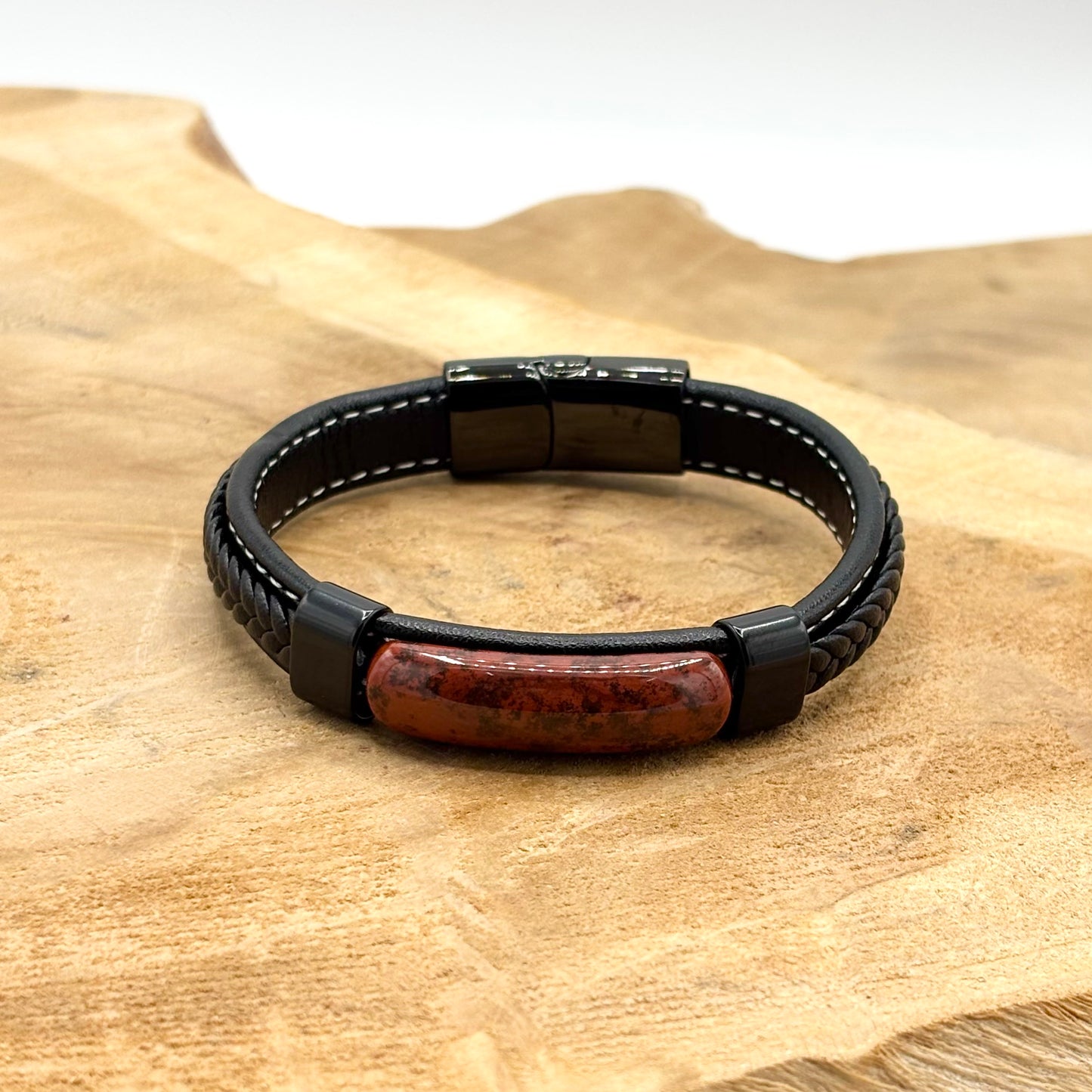Bracelet Homme Acier Inoxydable Cuir Pierre Naturelle