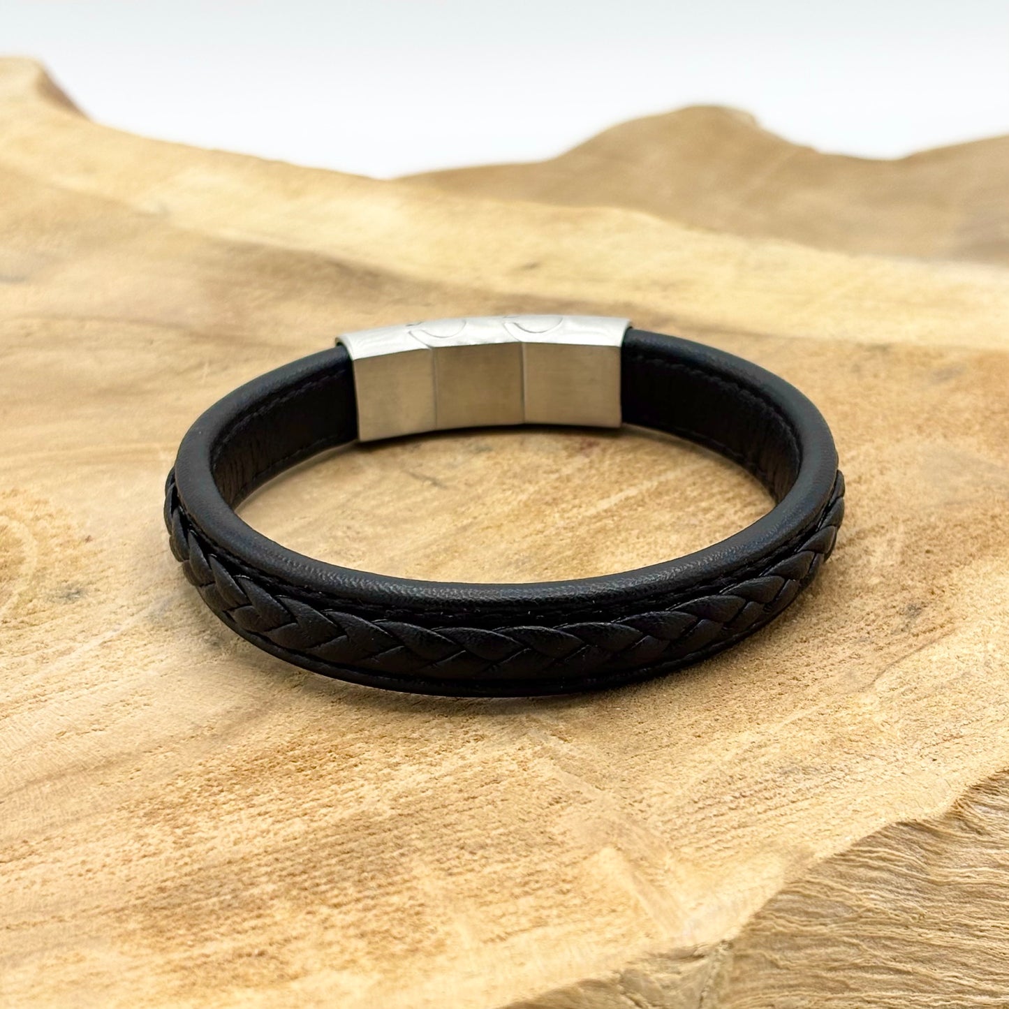 Bracelet Homme Acier Inoxydable Cuir Tressé