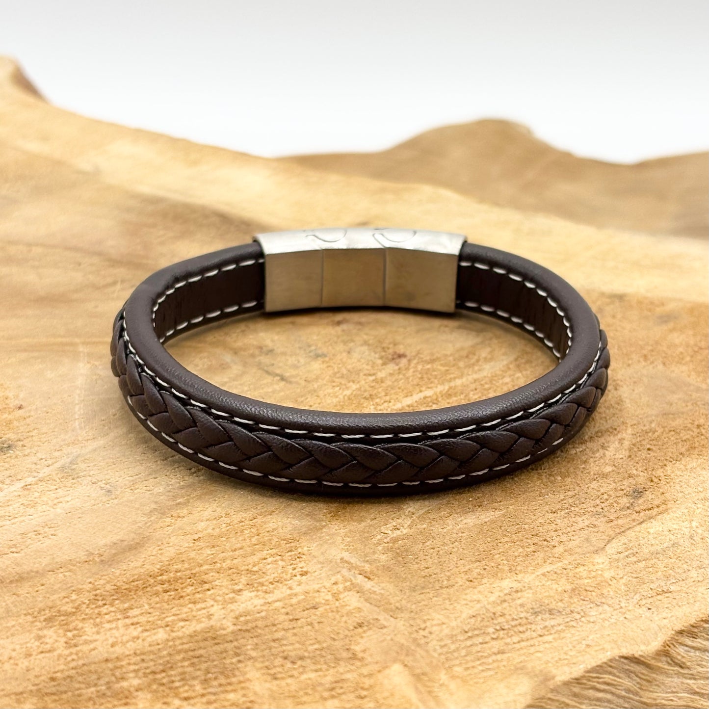 Bracelet Homme Acier Inoxydable Cuir Tressé