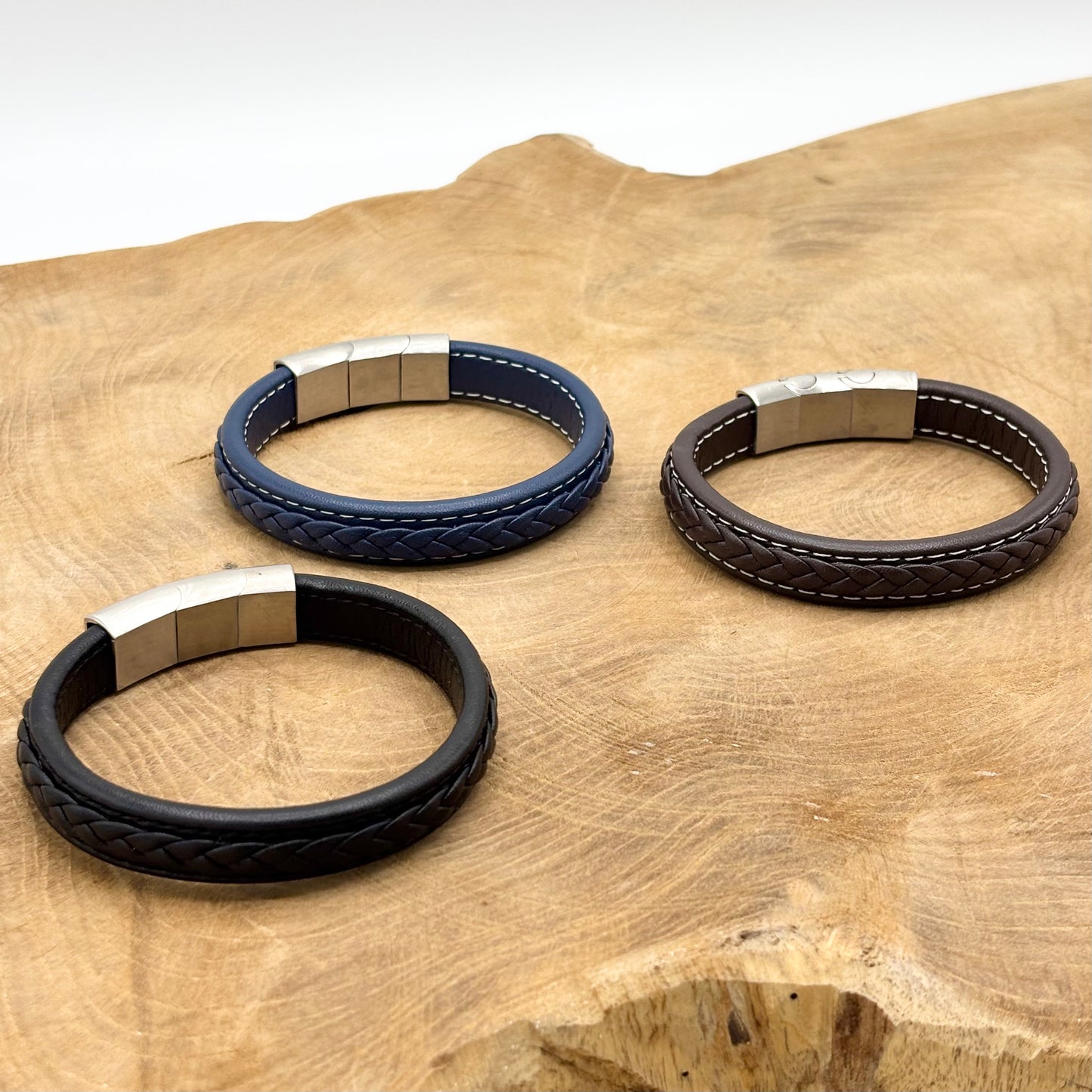 Bracelet Homme Acier Inoxydable Cuir Tressé