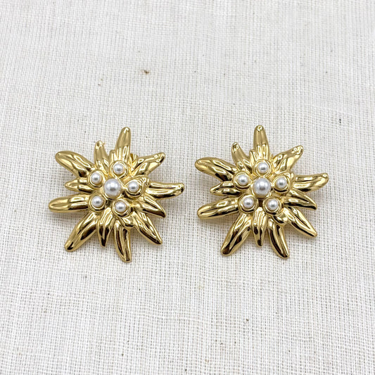 Boucles D'Oreilles Acier Inoxydable Doré Fleur Perle Synthétique