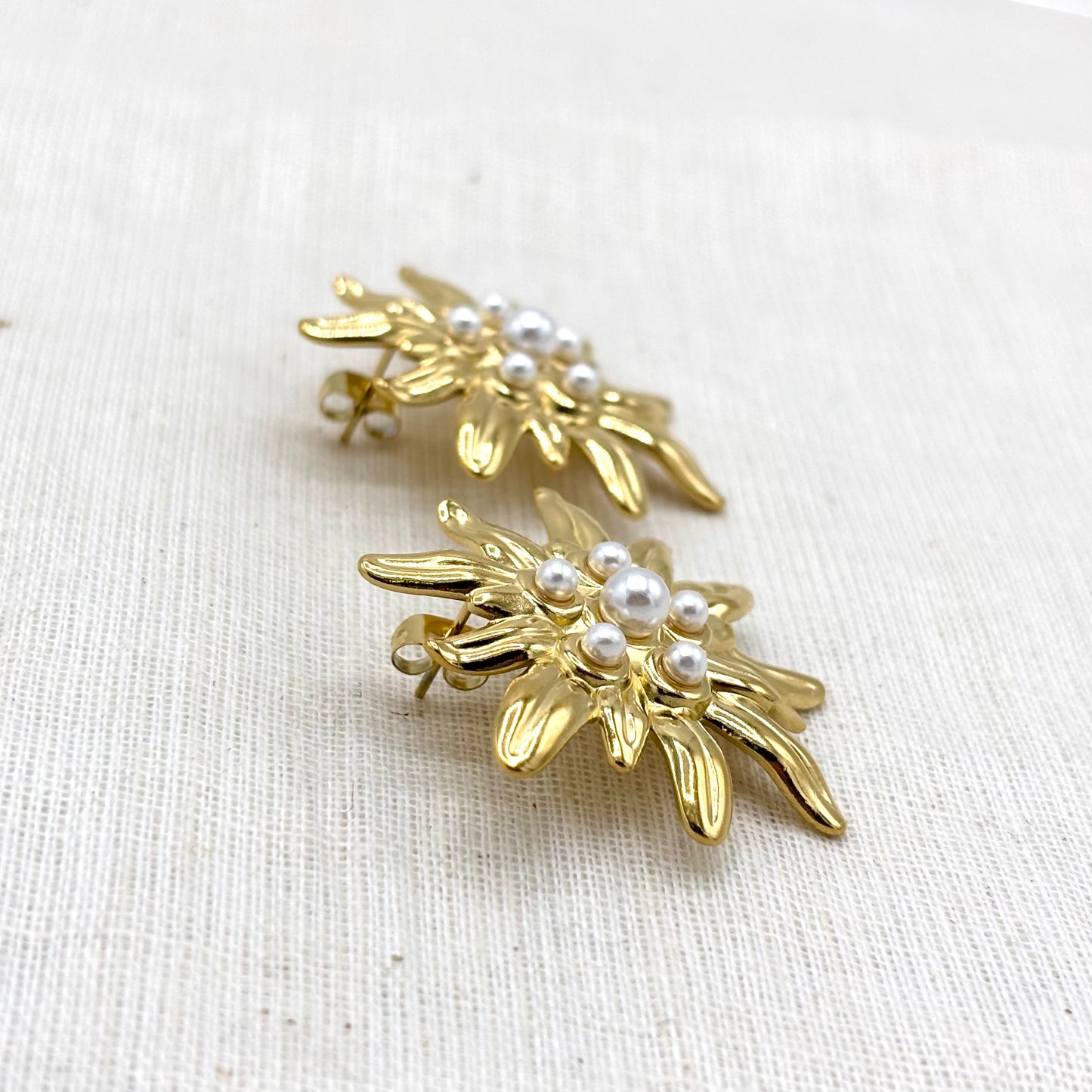 Boucles D'Oreilles Acier Inoxydable Doré Fleur Perle Synthétique
