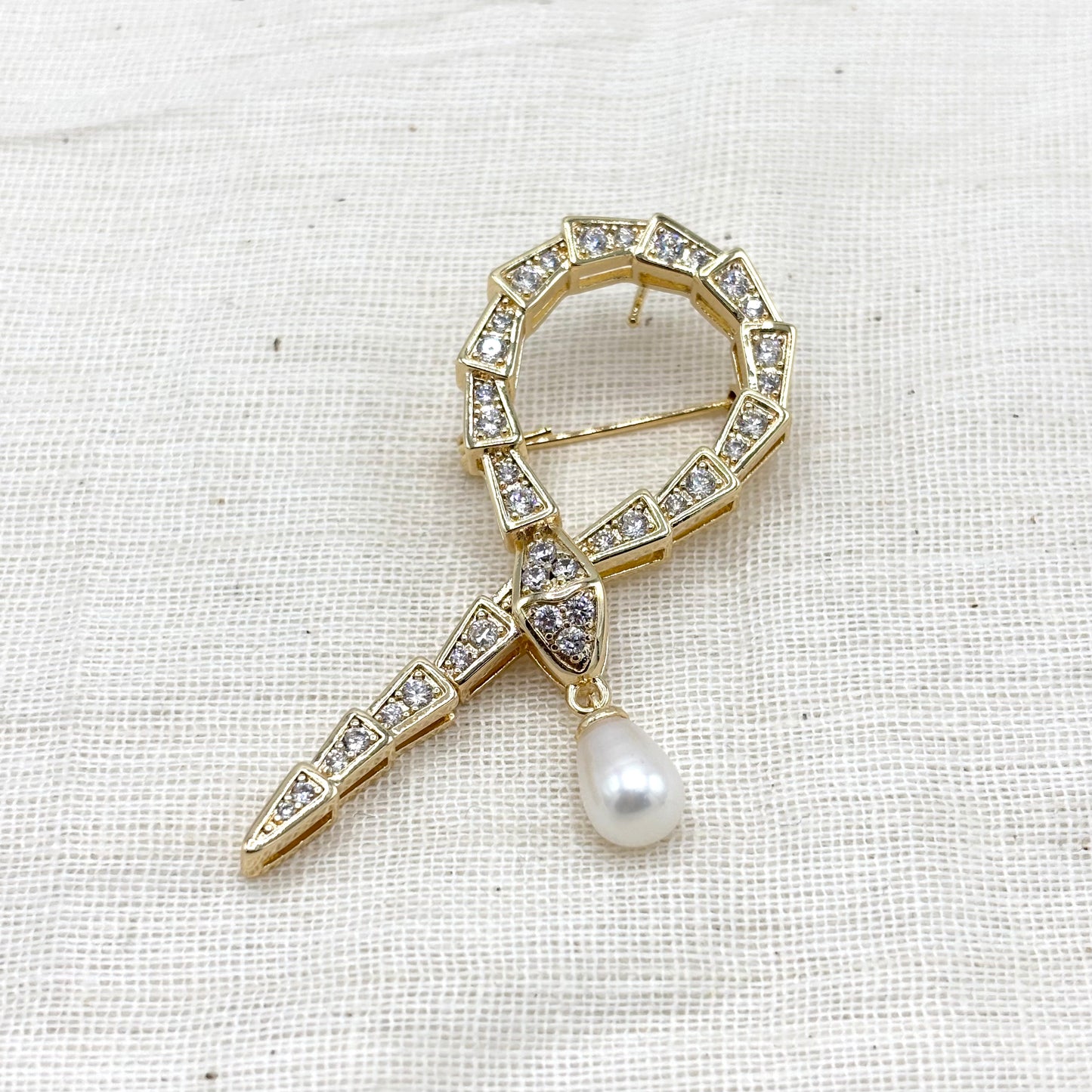 Broche Serpent Strass Perle Acier Inoxydable Doré
