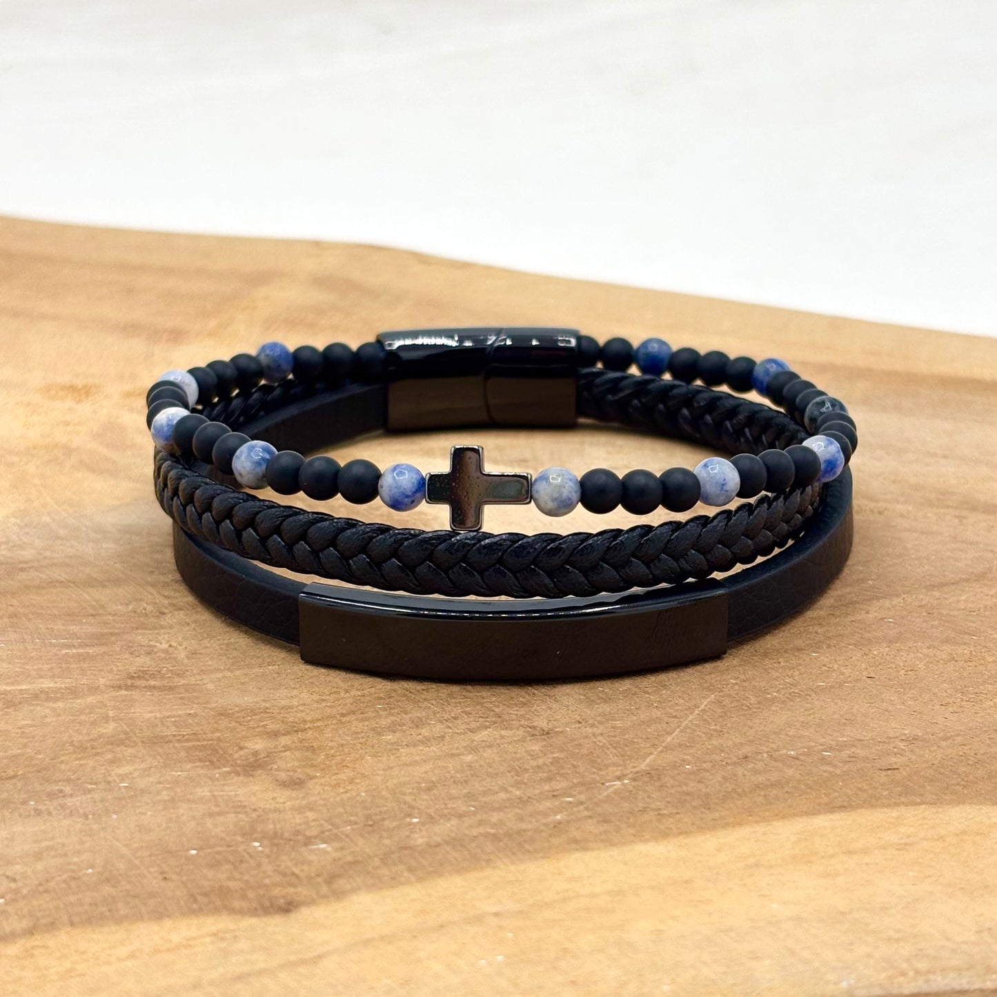 Bracelet Homme Cuir Acier Inoxydable Pierre Naturelle Croix