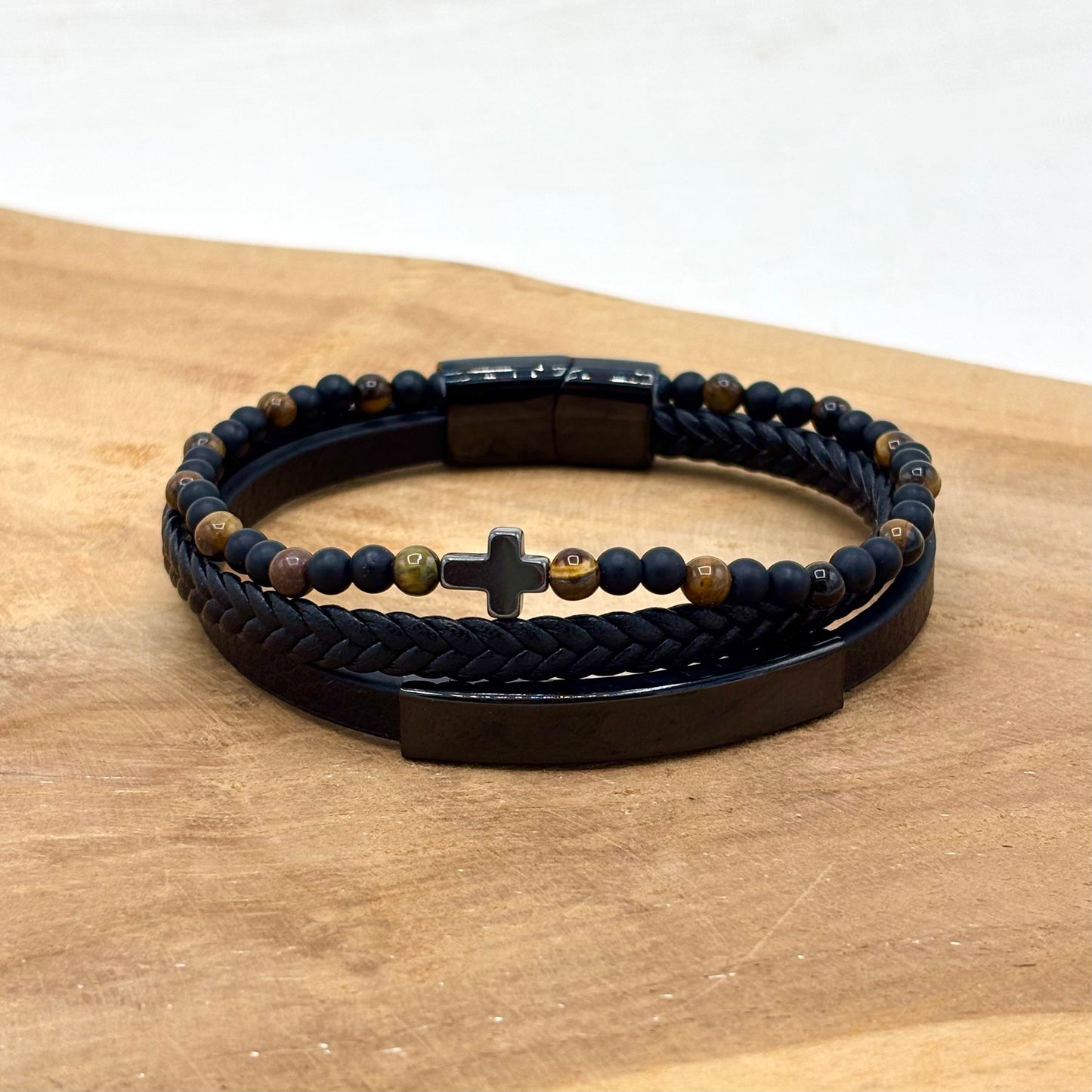 Bracelet Homme Cuir Acier Inoxydable Pierre Naturelle Croix