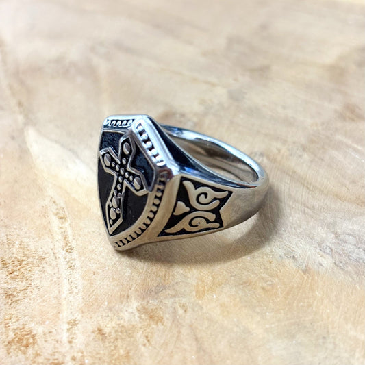 Bague Chevalière Acier Inoxydable Blason Croix