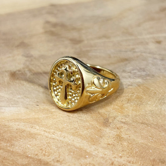 Bague Chevalière Acier Inoxydable Doré Ovale Croix