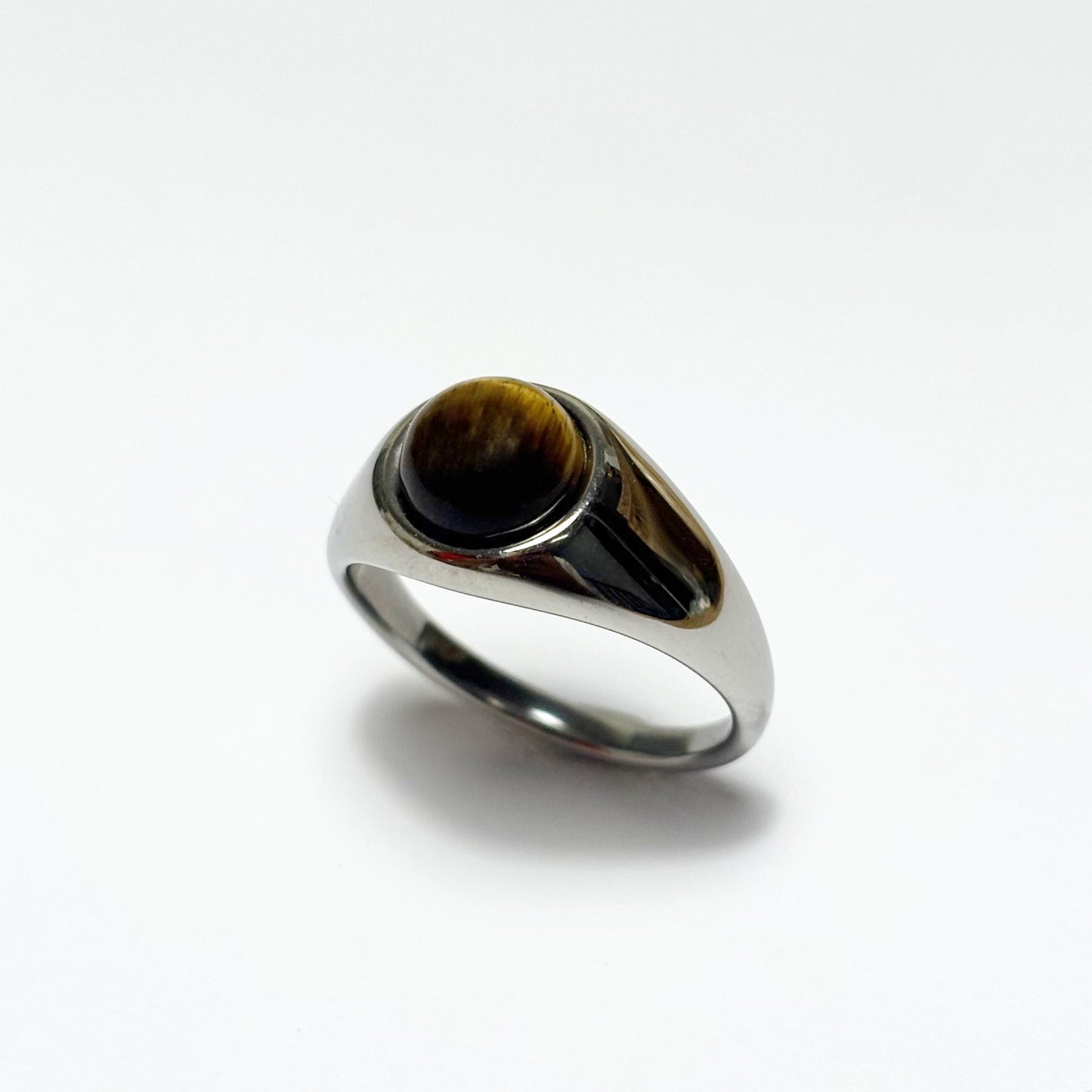 Bague Chevalière Pierre Naturelle Oeil De Tigre Acier Inoxydable