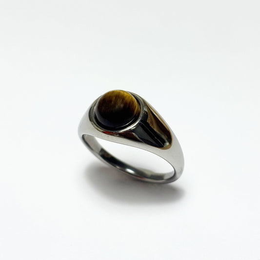 Bague Chevalière Pierre Naturelle Oeil De Tigre Acier Inoxydable