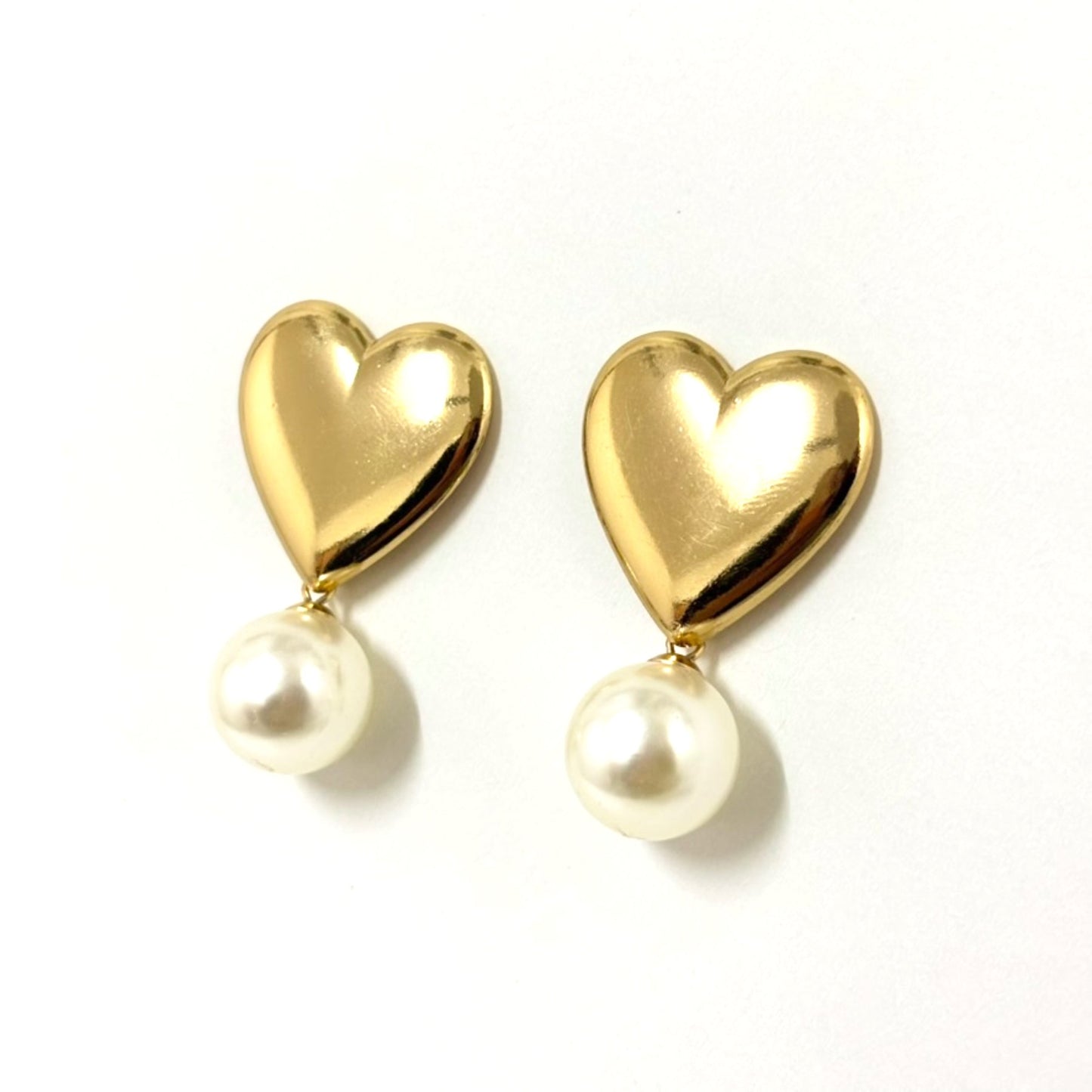 Boucles D'Oreilles Pendentes Acier Inoxydable Doré Cœur Perle