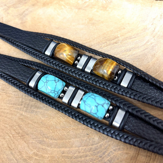 Bracelet Homme Acier Cuir Pierre Naturelle