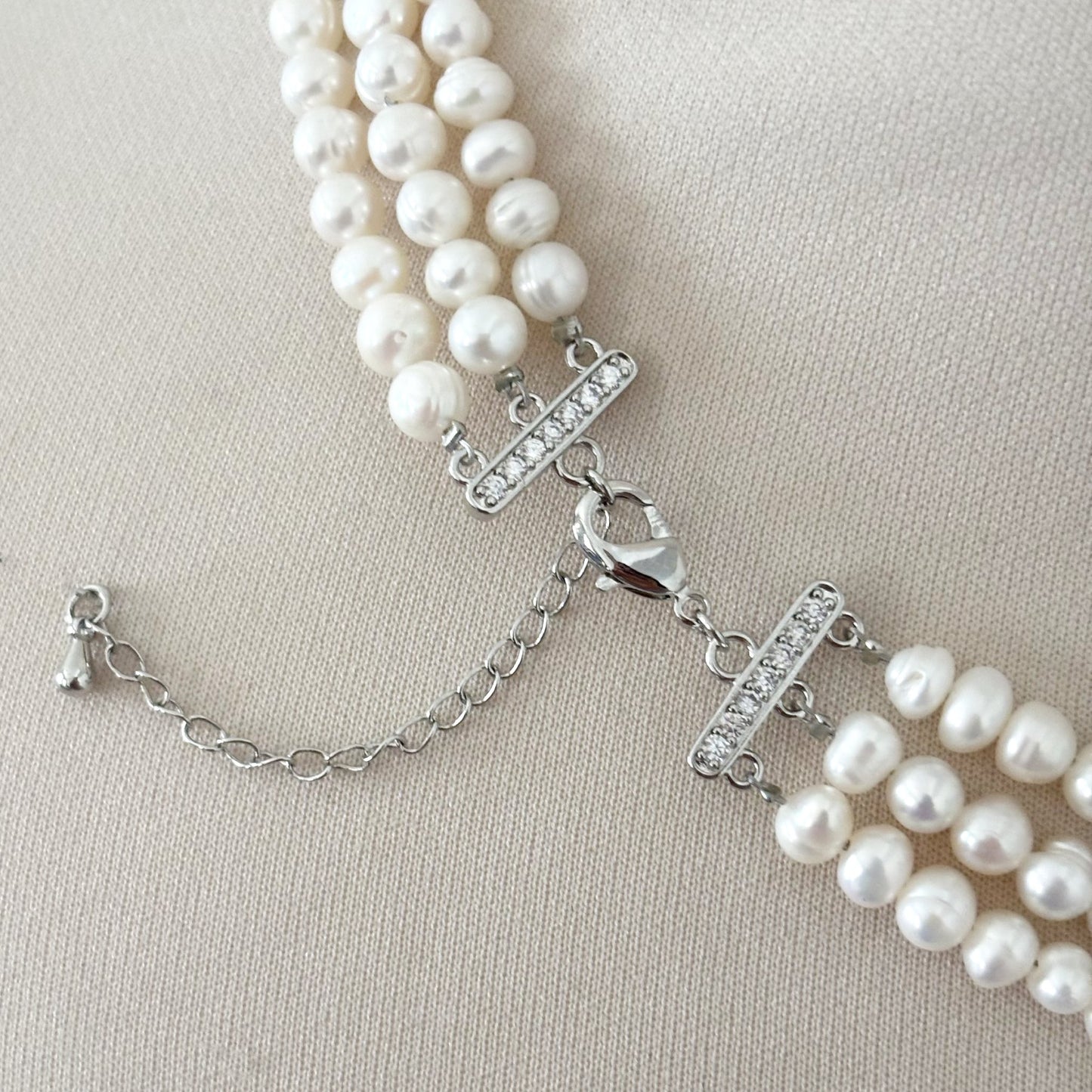 Collier 3 Rangs Perle D'Eau Douce Acier Inoxydable Strass