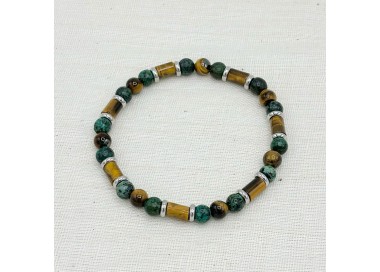 Bracelet en pierre naturelle œil de tigre, turquoise africaine et en acier blanc