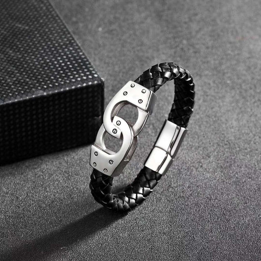 Bracelet Homme Acier Cuir Et Menotte En Acier