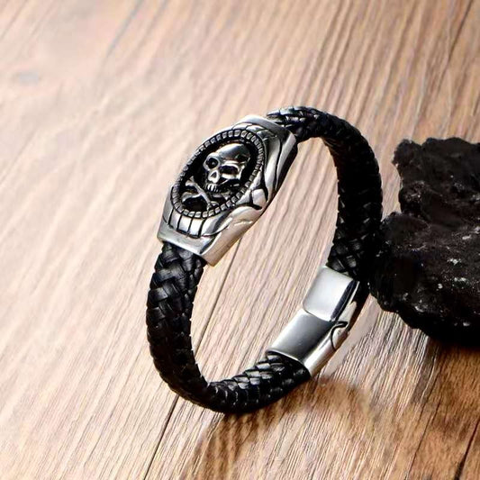 Bracelet Homme Cuir Et Tête De Mort En Acier