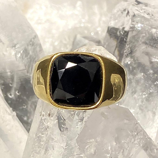 Bague Acier Inoxydable Chevalière Dorée Verre Noir