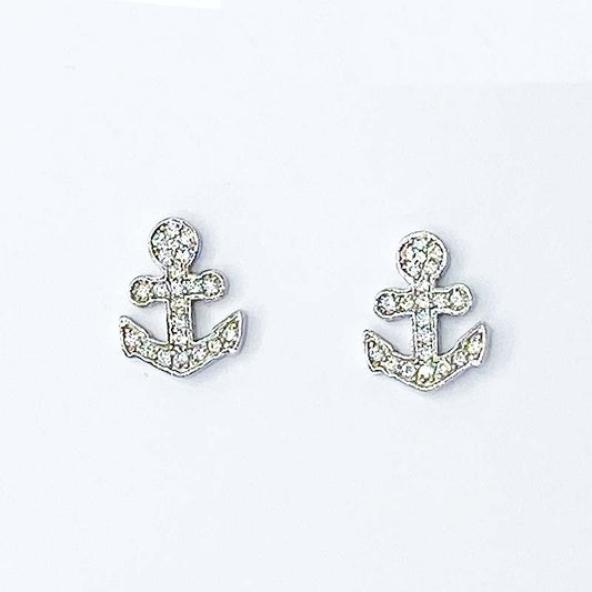 Boucles D'Oreilles Argent Rhodié Oxyde Zirconium Ancre De Marine 1.2G