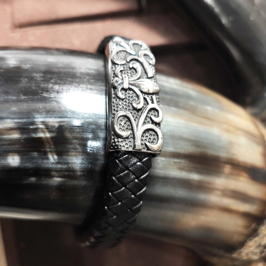 Bracelet  Homme Cuire Et Acier Fleur De Lys