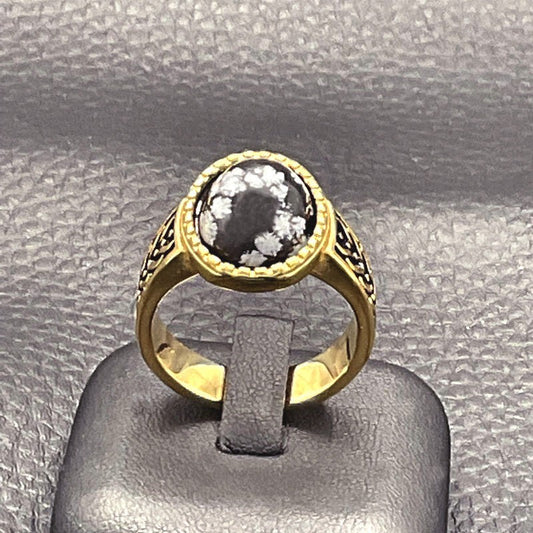 Bague Homme En Acier Doré Pierre Obsidienne Neige