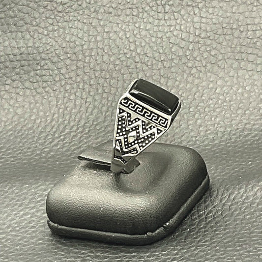Bague Chevalière  Acier Avec Pierre Onyx Noir Rectangulaire