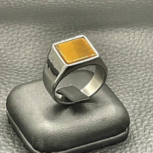 Bague Chevalière Acier Avec Pierre L'Oeil De Tigre Rectangulaire