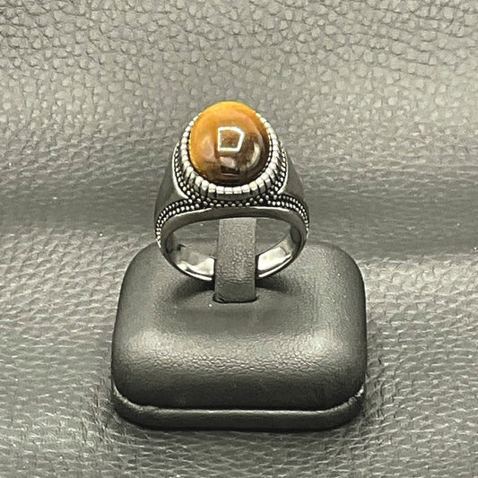 Bague Chevalière Acier Pierre Oeil De Tigre
