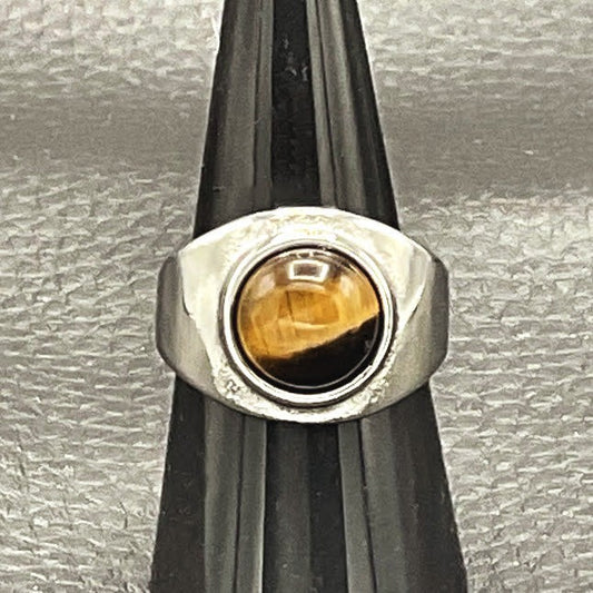 Bague Chevalière En Acier Avec L'Oeil De Tigre Ronde