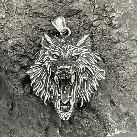Pendentif Acier Inoxydable Tete Loup Furieux