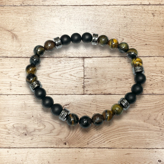 Bracelet Homme Pierre Naturelle D'Oeil De Tigre, Onyx Mate, Mematite Bouton 8mm