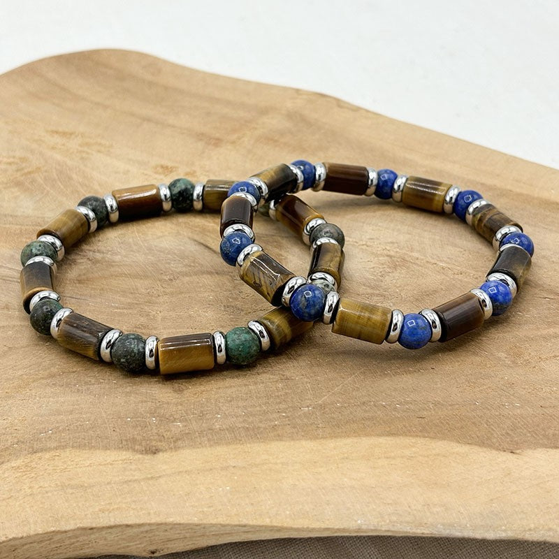 Bracelet Homme Grand Tube En Pierres Naturelles Et Acier Inoxydable Blanc